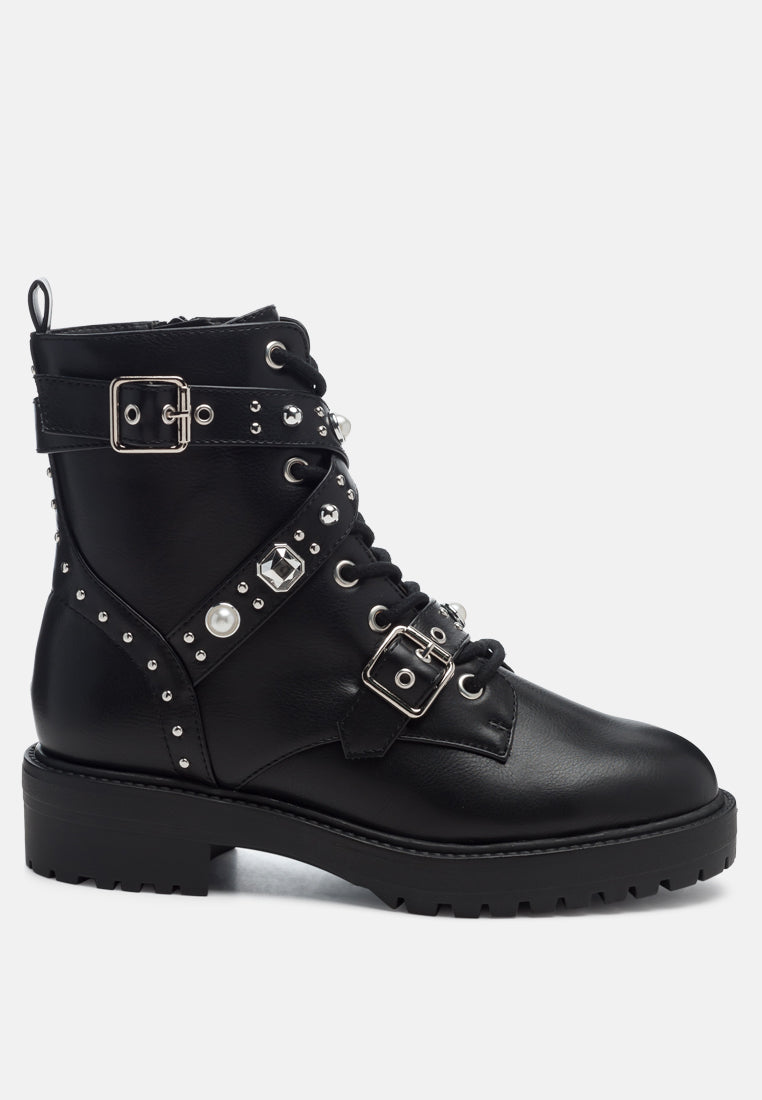tucker studded strped lace-up biker boots