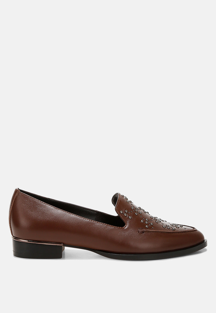 studded genuine leather loafers by ruw color_brown