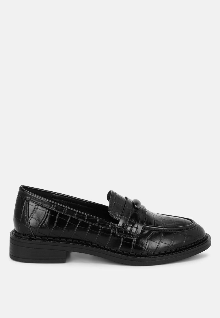 london rag women's aquitane stacked low block loafers by motes#color_black-croco