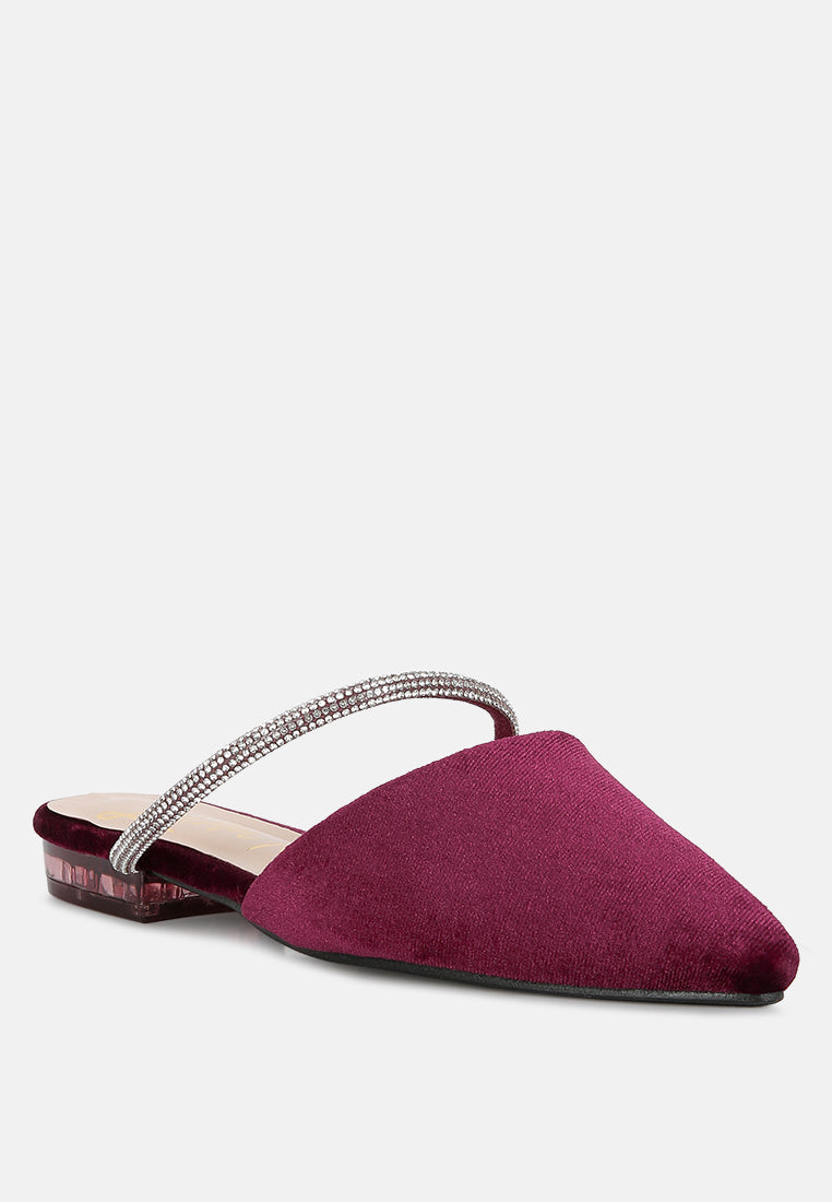 turnon velvet diamante detail flat mules#color_burgundy