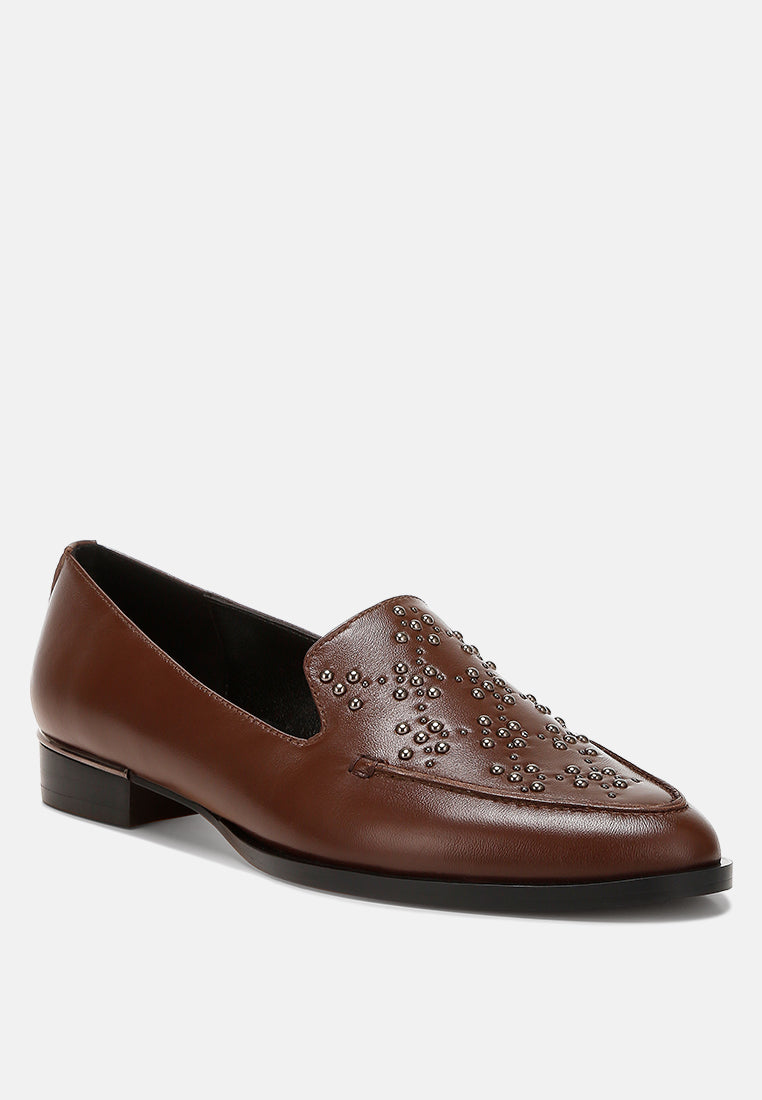 studded genuine leather loafers by ruw color_brown