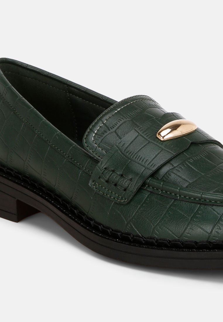 london rag women's aquitane stacked low block loafers by motes#color_green-croco