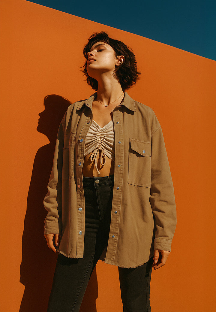 oversized long sleeve shacket#color_brown