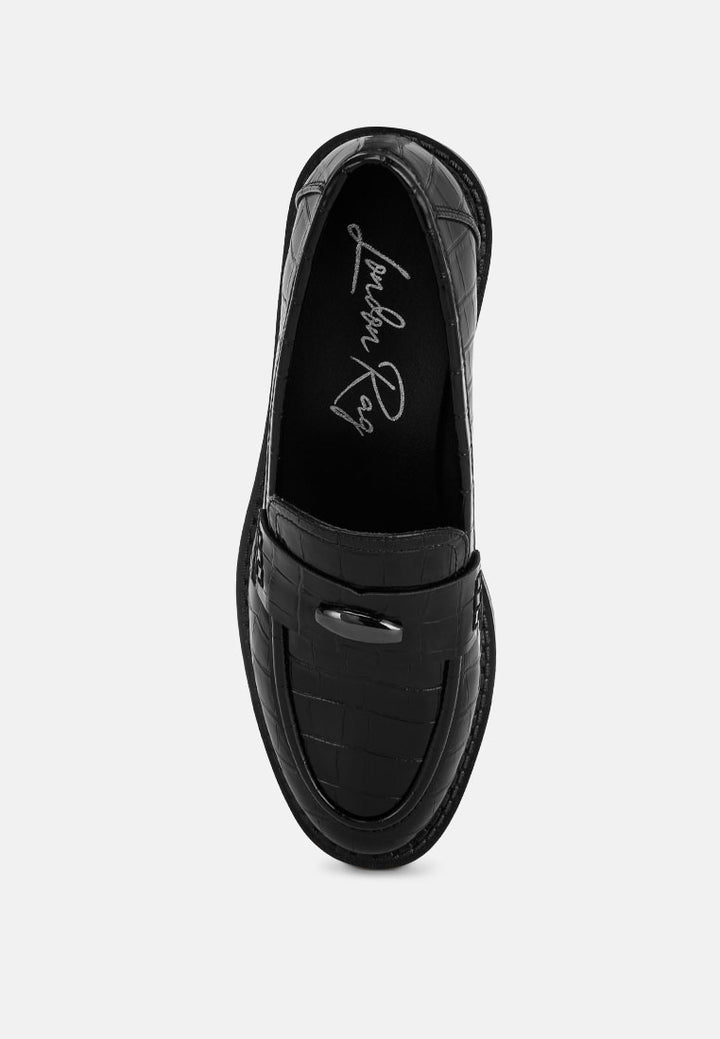 london rag women's aquitane stacked low block loafers by motes#color_black-croco