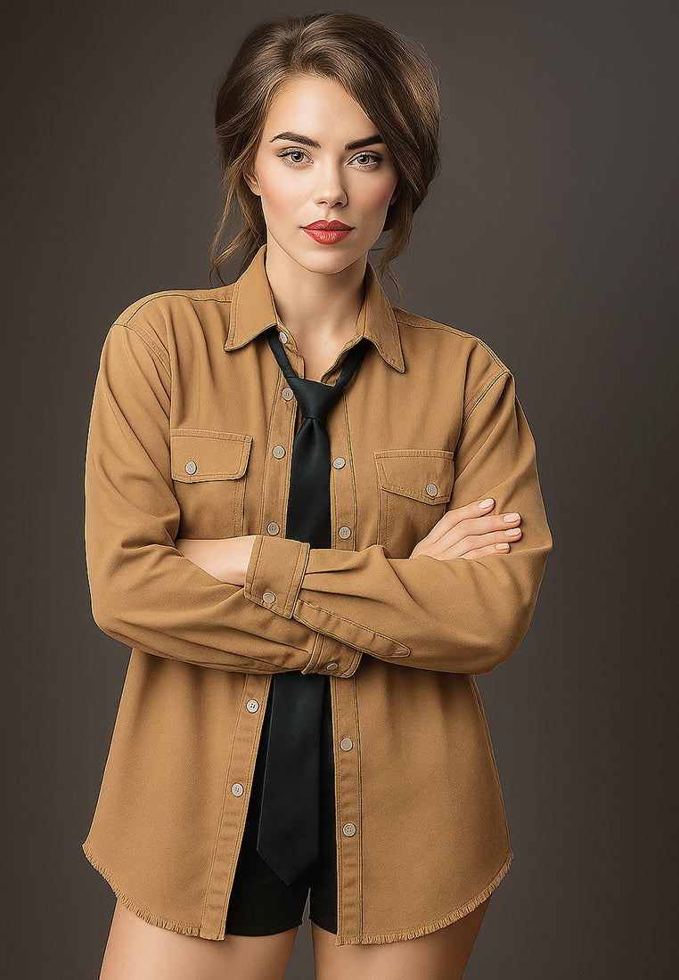 oversized long sleeve shacket#color_brown