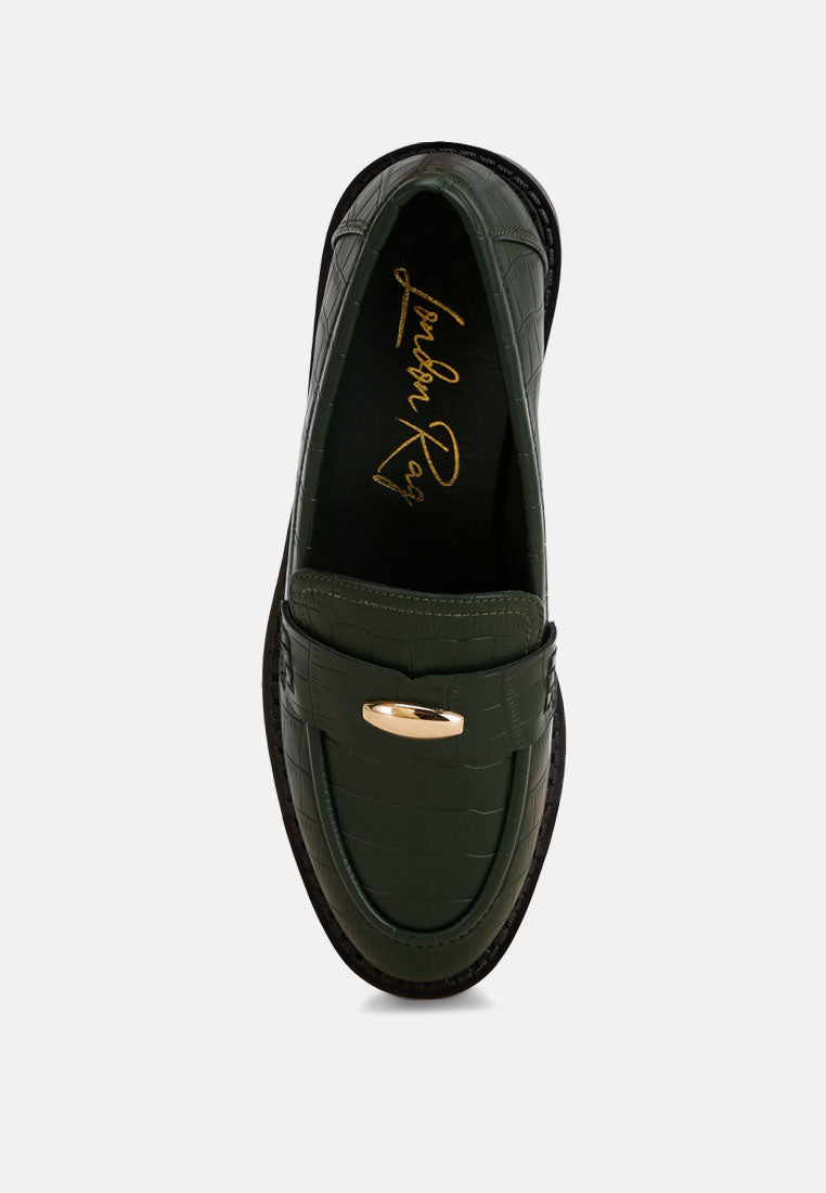 london rag women's aquitane stacked low block loafers by motes#color_green-croco
