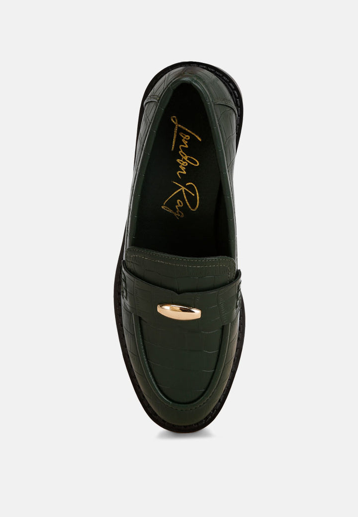 london rag women's aquitane stacked low block loafers by motes#color_green-croco