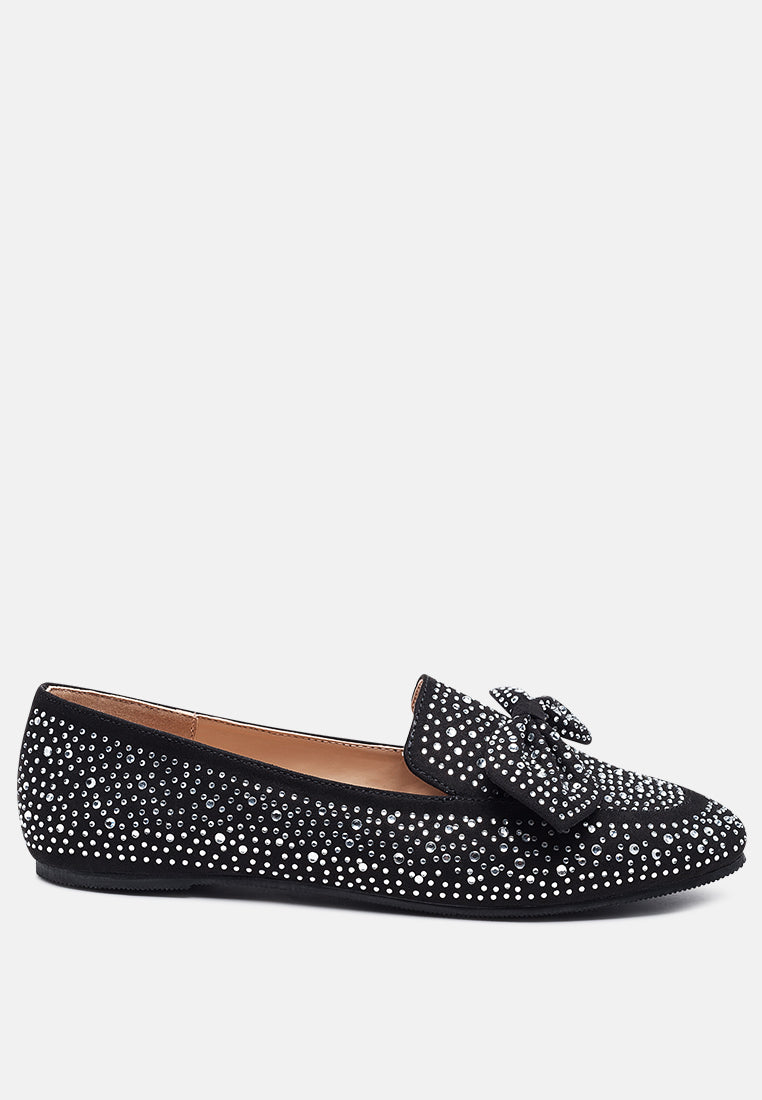dewdrops embellished casual bow loafers#color_black