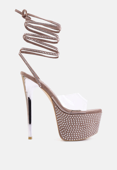 sugar mom strappy diamante platform high heels sandals#color_taupe