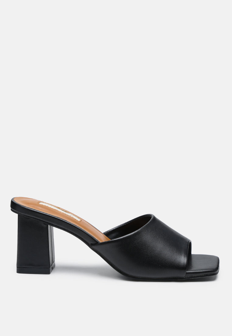 square toe faux leather slip on block heels#color_black