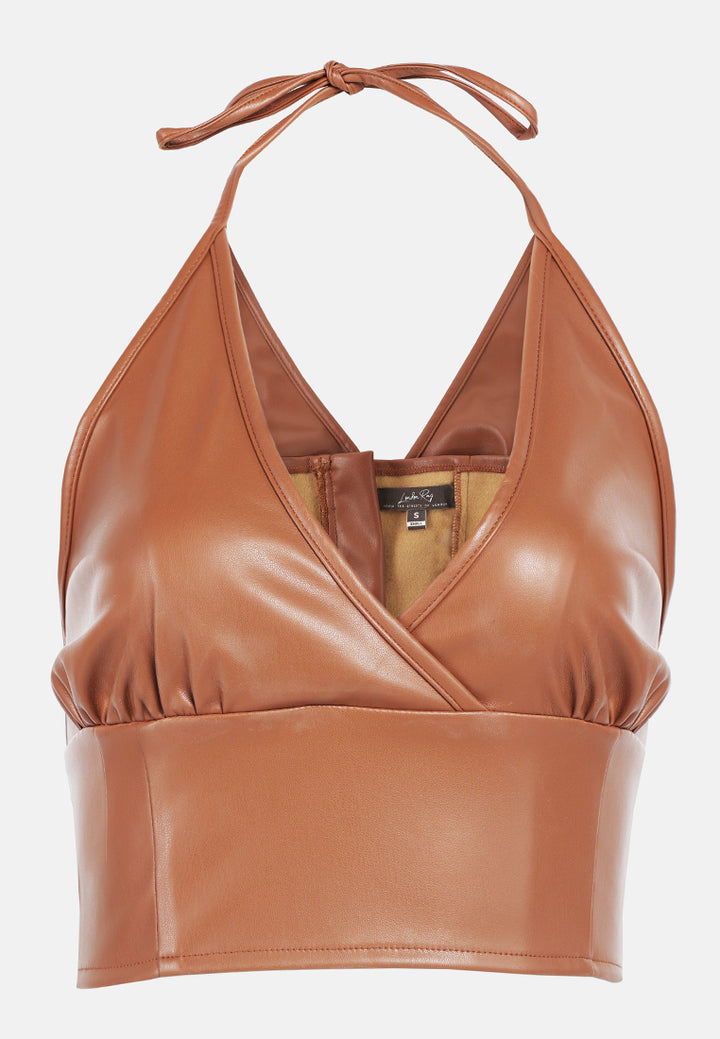 sleeveless knot halter top#color_tan