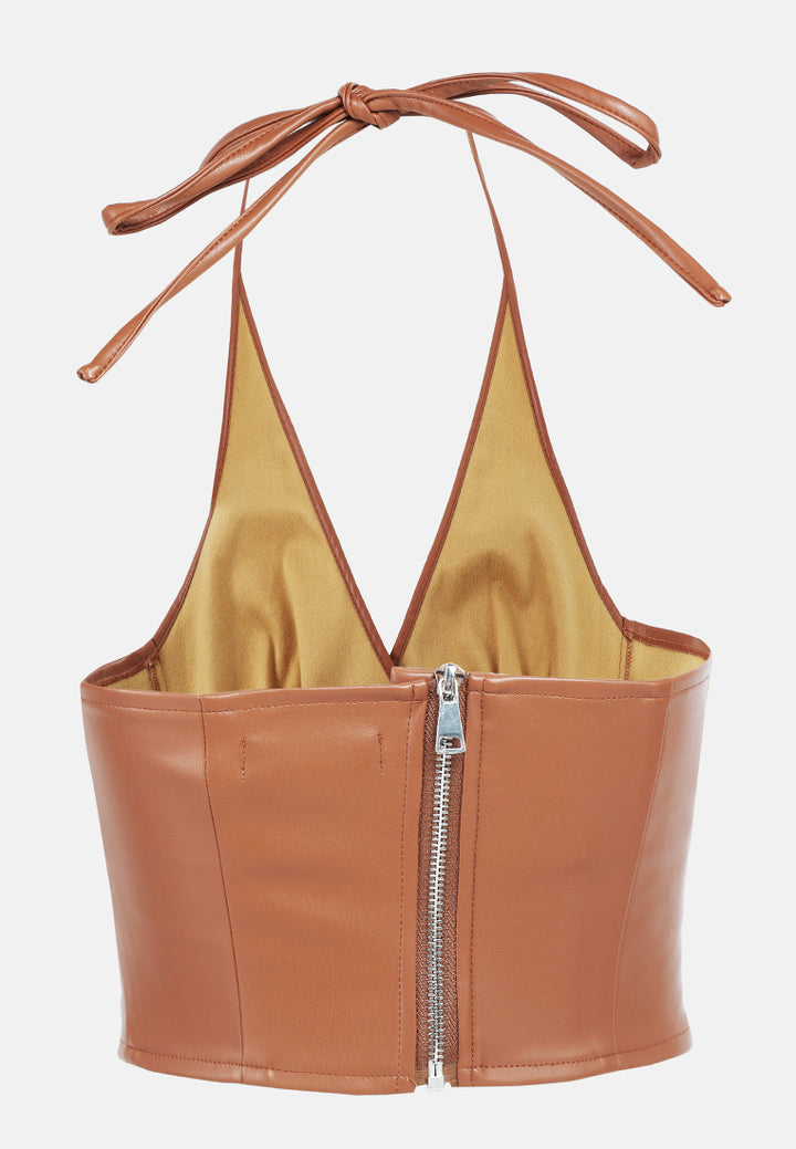 sleeveless knot halter top#color_tan