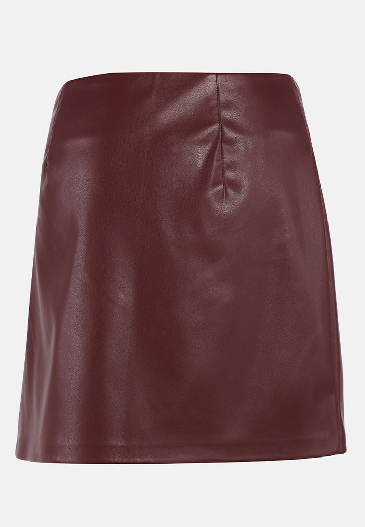 buckle belted mini skirt with a slit#color_chocolate