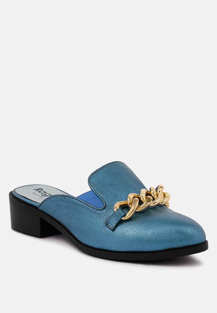 aksa chain embellished metallic leather mules by ruw#color_blue