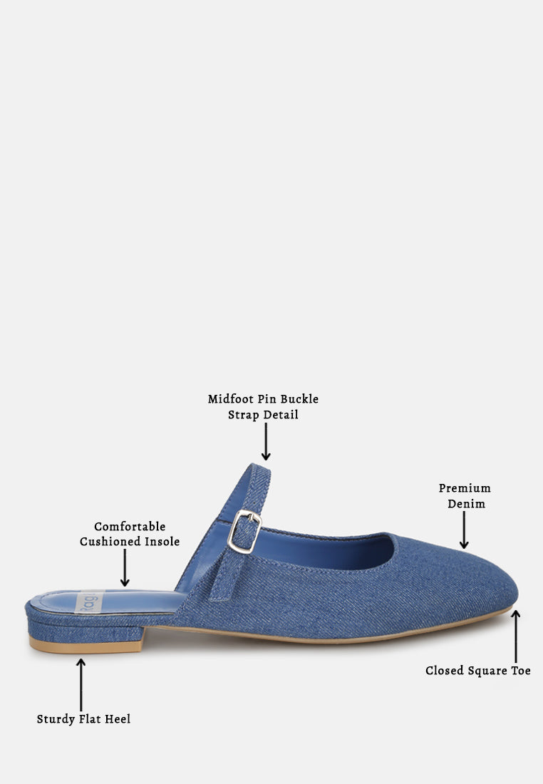 Dublish Square Toe Buckled Flats#color_denim