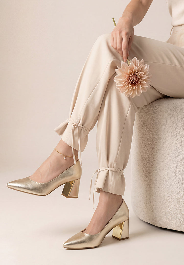 Cosma Pointed Toe Block Heels#color_gold