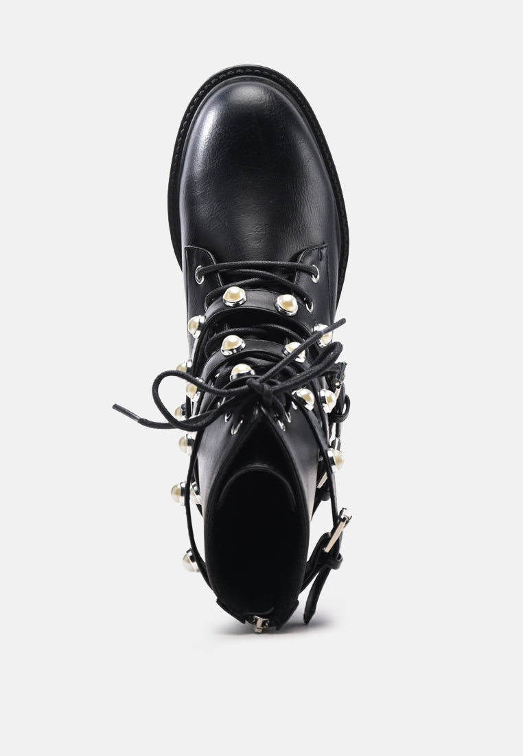 Pearl Studded Biker Boots#color_black