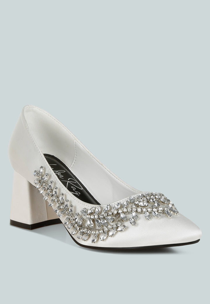satin diamante embellished pumps by mode#color_white