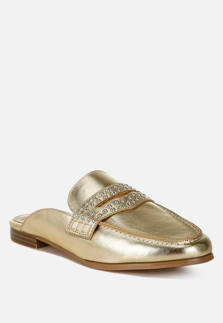 adam lane stud detail metallic pleather mules#color_gold