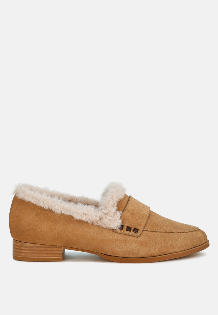 fur trim suede loafers by ruw#color_beige