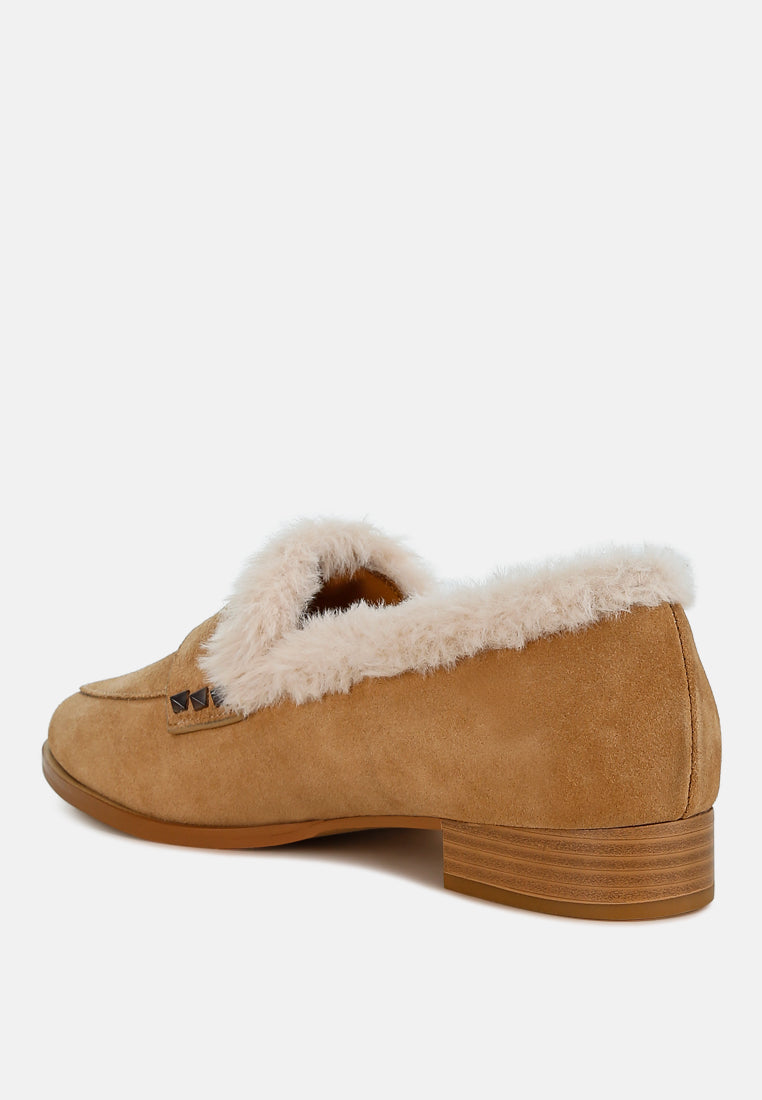 fur trim suede loafers by ruw#color_beige