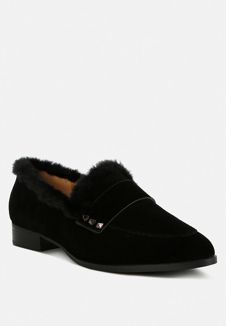 fur trim suede loafers by ruw#color_black