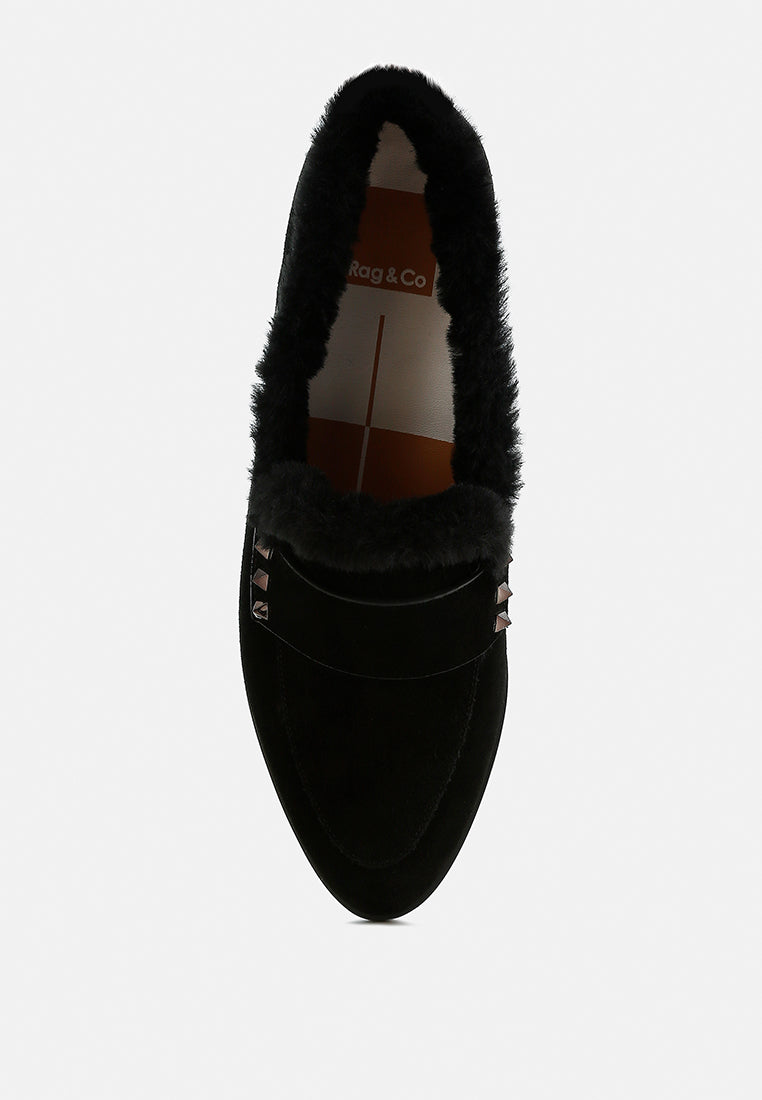 fur trim suede loafers by ruw#color_black