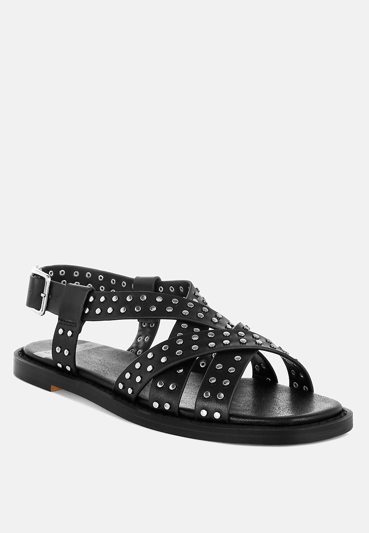 sandalias gladiadoras planas con tachuelas anémona#color_negro