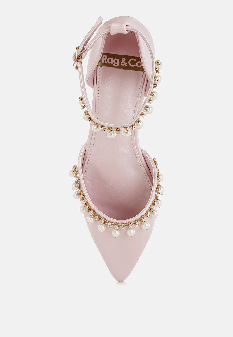 Sandalias planas con correa en el tobillo con perlas y diamantes de imitación aouva#color_pink