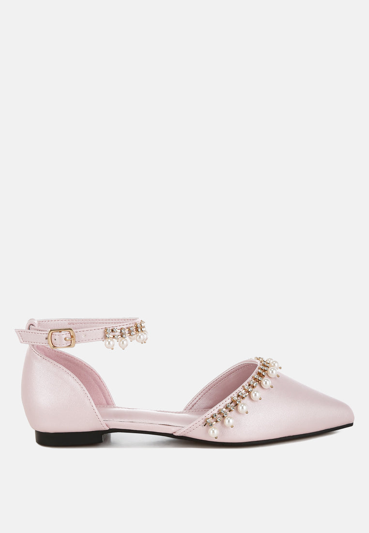 Sandalias planas con correa en el tobillo con perlas y diamantes de imitación aouva#color_pink