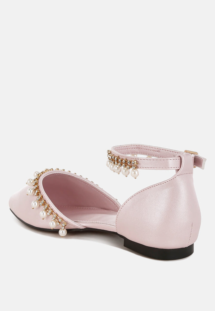 Sandalias planas con correa en el tobillo con perlas y diamantes de imitación aouva#color_pink