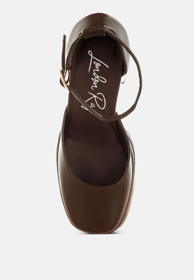 araminta chunky square toe buckled heels#color_brown