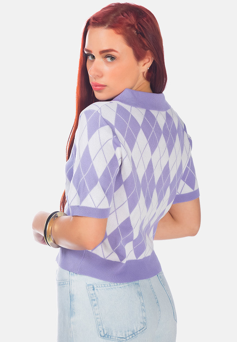 argyle checks half sleeve cropped cardigan#color_lilac