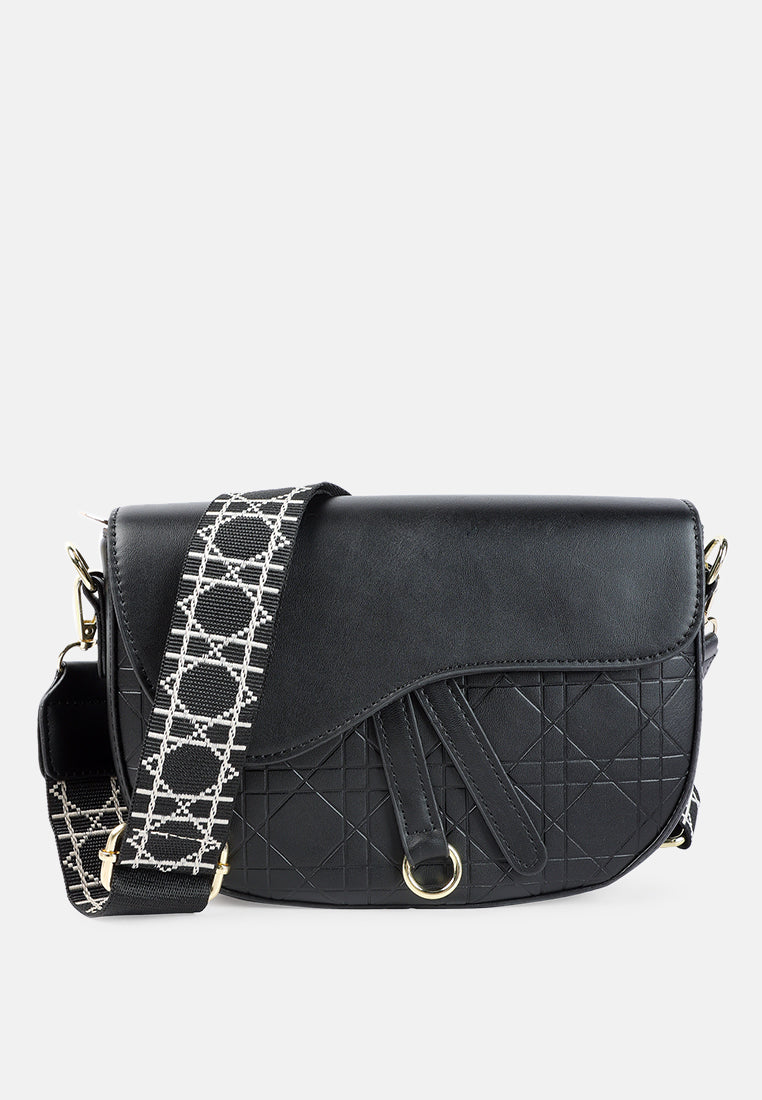 asymmetrical flap printed strap mini bag#color_black