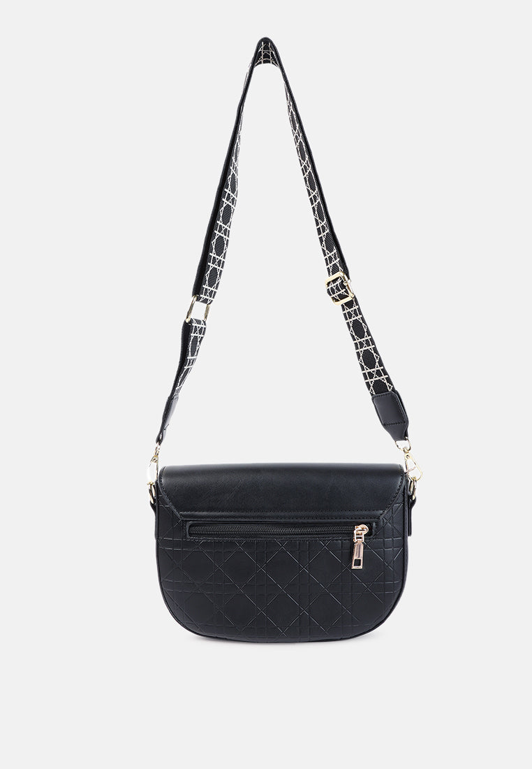 asymmetrical flap printed strap mini bag#color_black