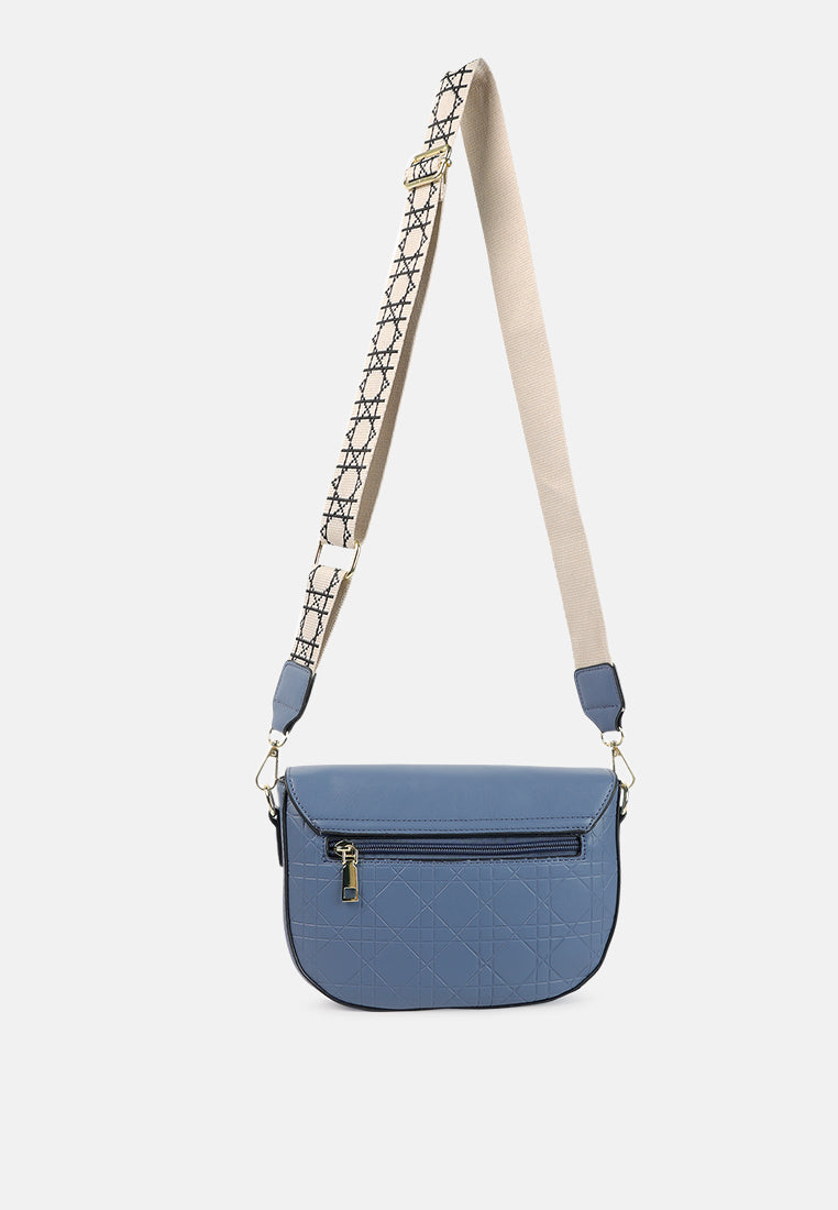 asymmetrical flap printed strap mini bag#color_blue