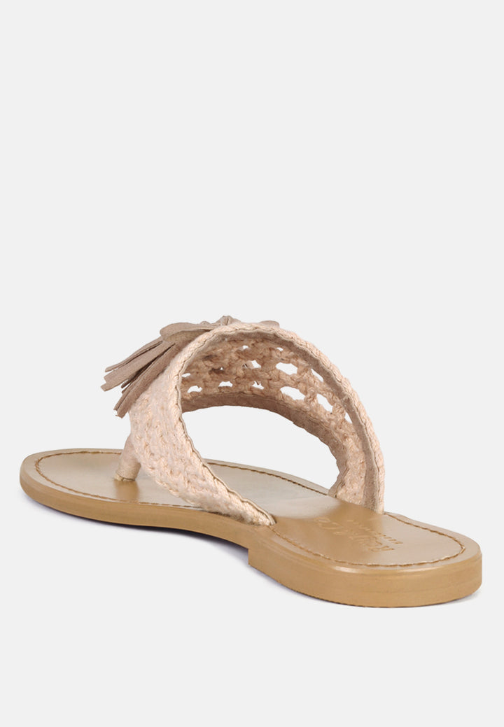 beech handwoven natural suede tassel thong flats by ruw#color_latte