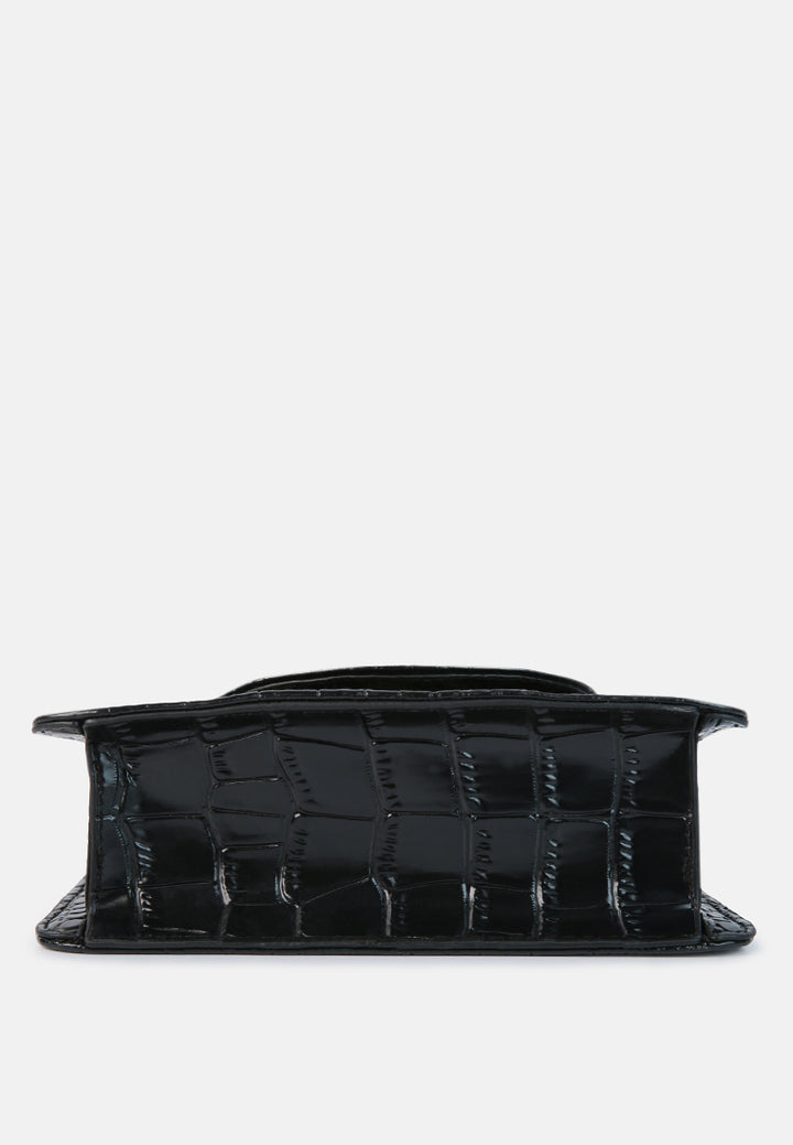 croc pattern crossbody sling bag#color_black