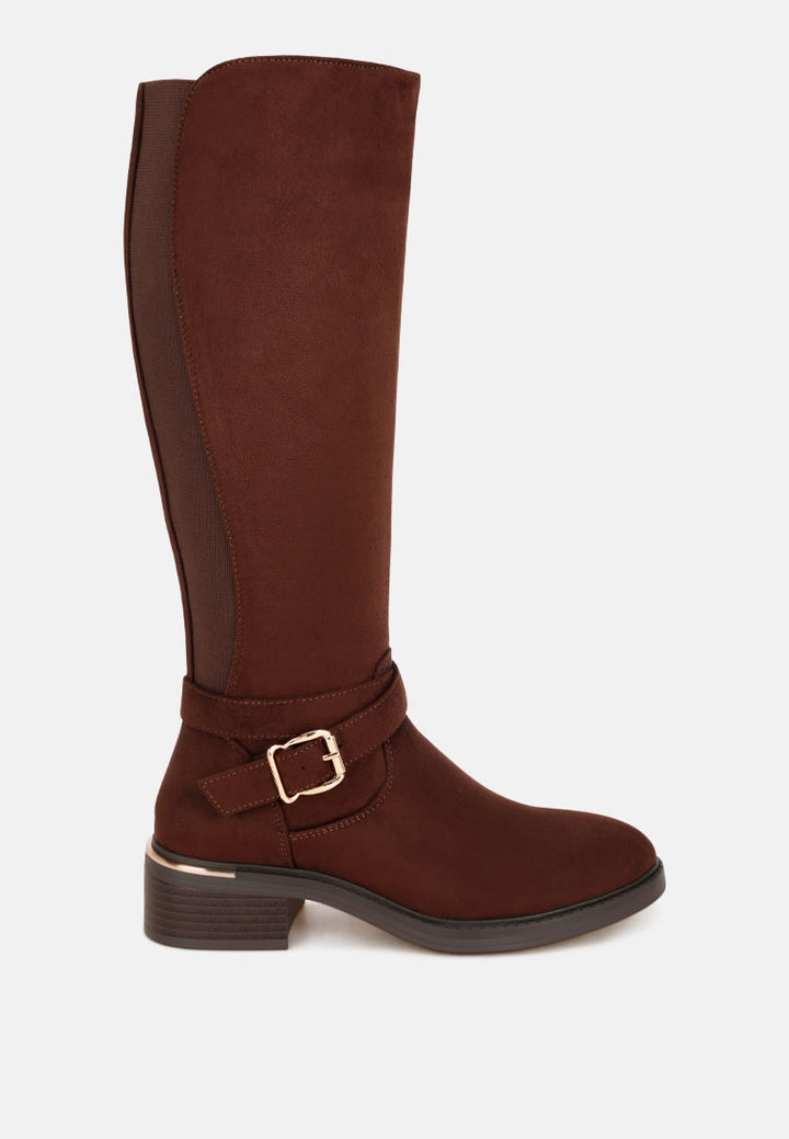 basheba buckle strap knee-high boots#color_brown-suede