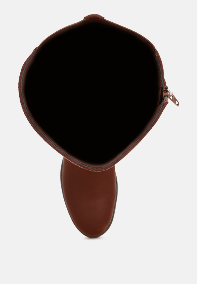 basheba buckle strap knee-high boots#color_brown-suede