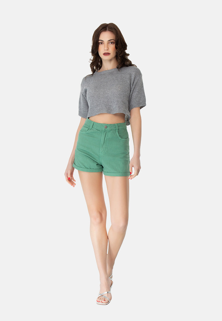 basic upturn hem shorts#color_green