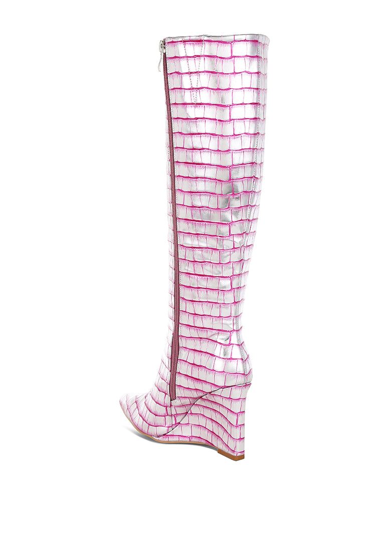 bass head croco metallic long boots#color_pink