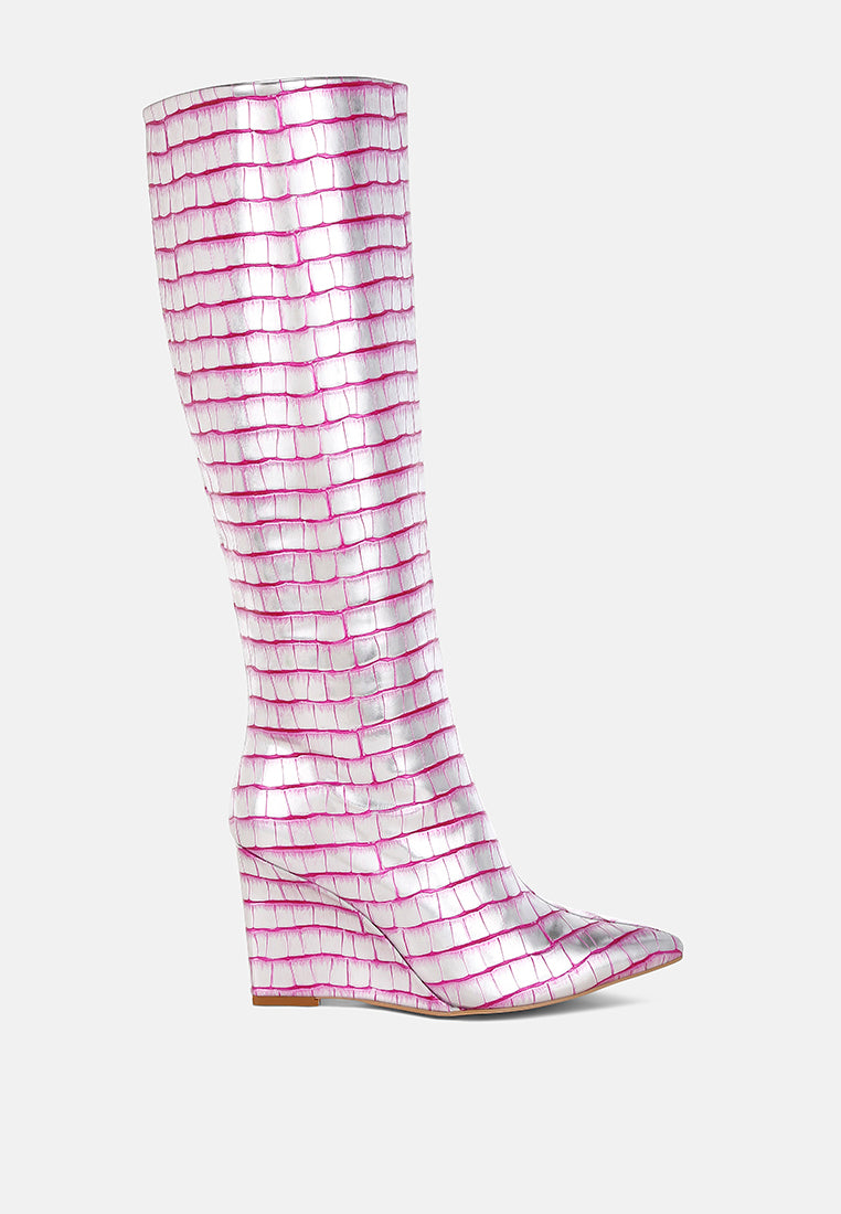 bass head croco metallic long boots#color_pink