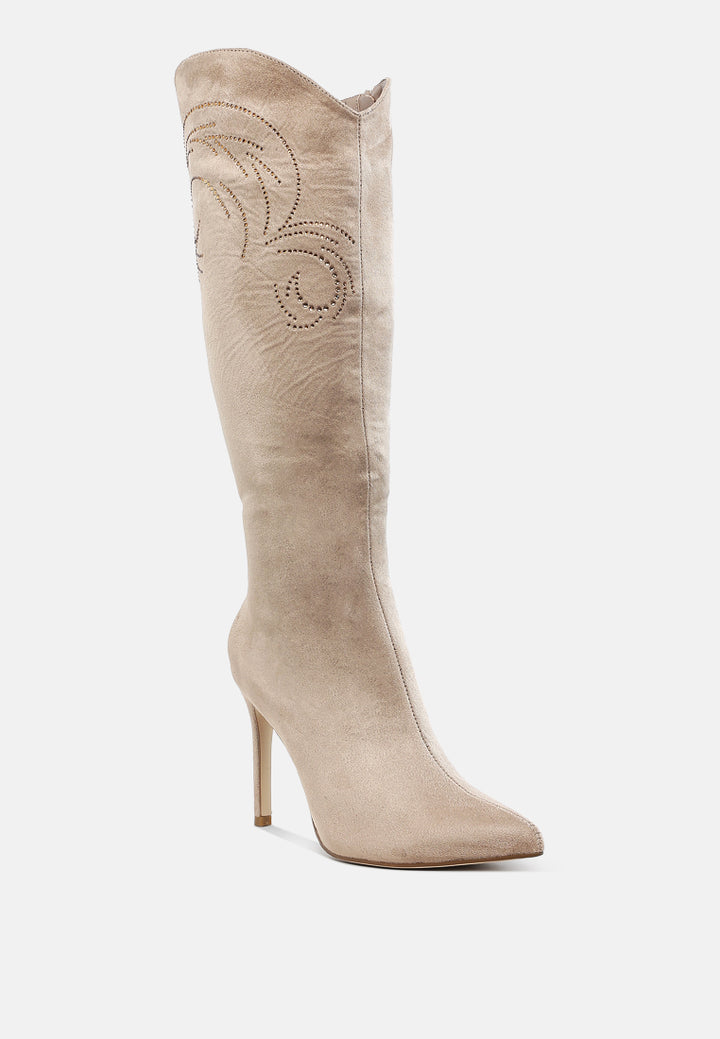 rhinestone patterned calf boots by ruw#color_beige