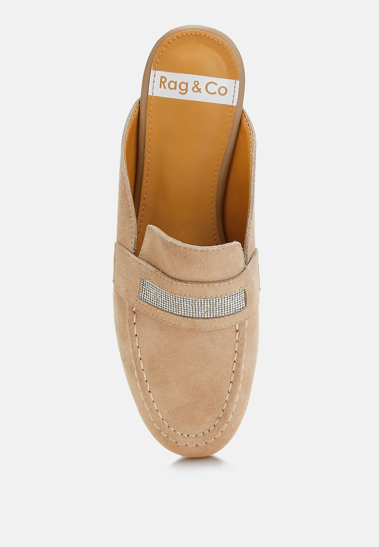 belorose rhinestone strap suede mules#color_beige