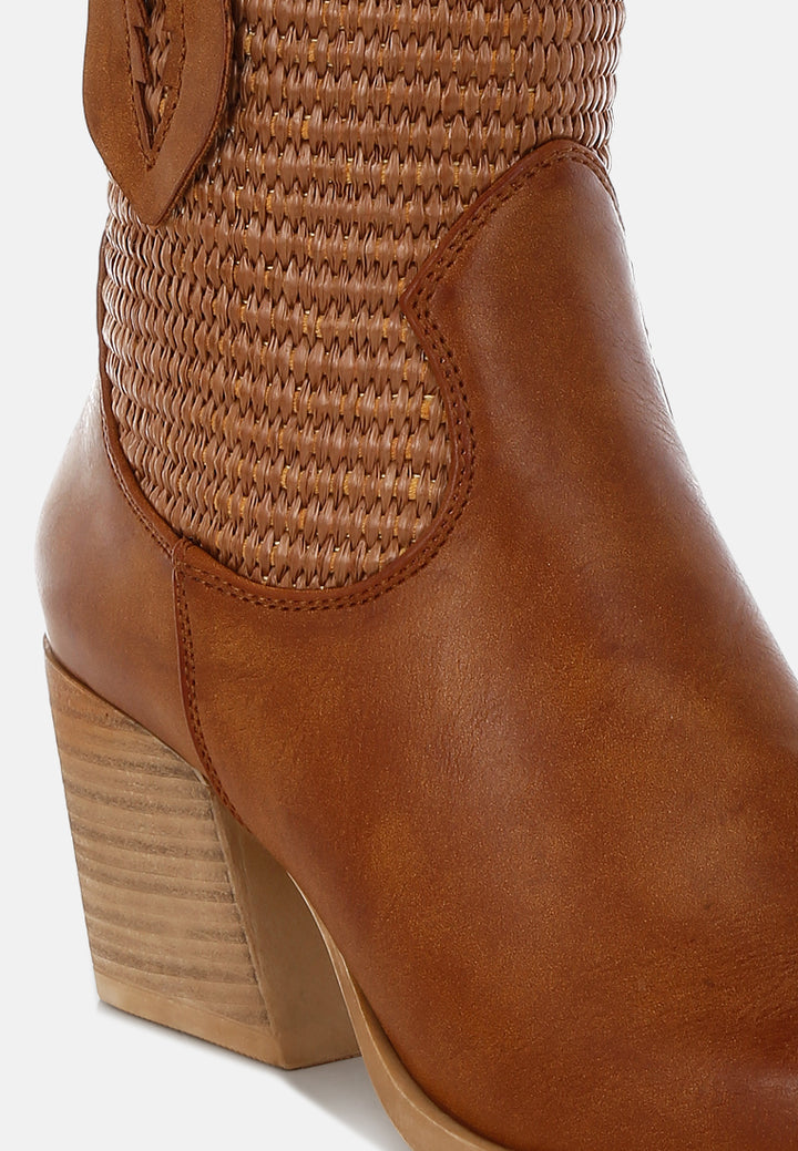 raffia & faux leather cowboy boots by ft#color_tan