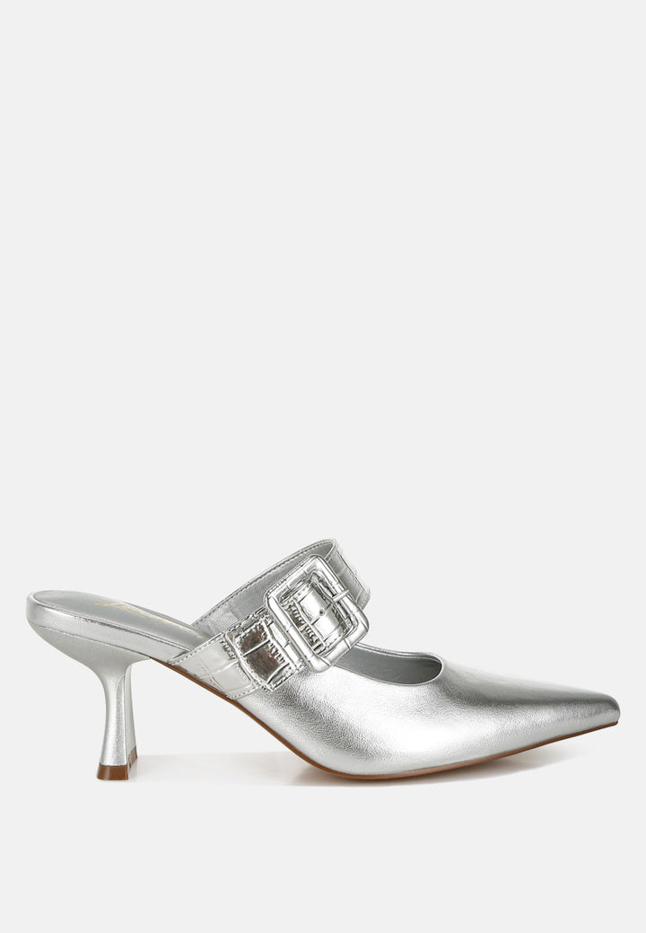 bismi large buckle kitten heel mules#color_silver