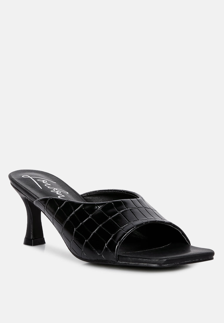 black croc kitten heel slider sandals#color_black