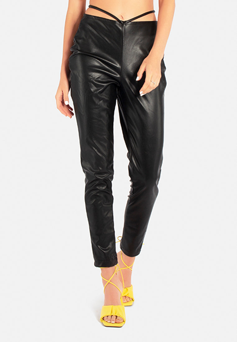 faux leather cut out waist pants#color_black