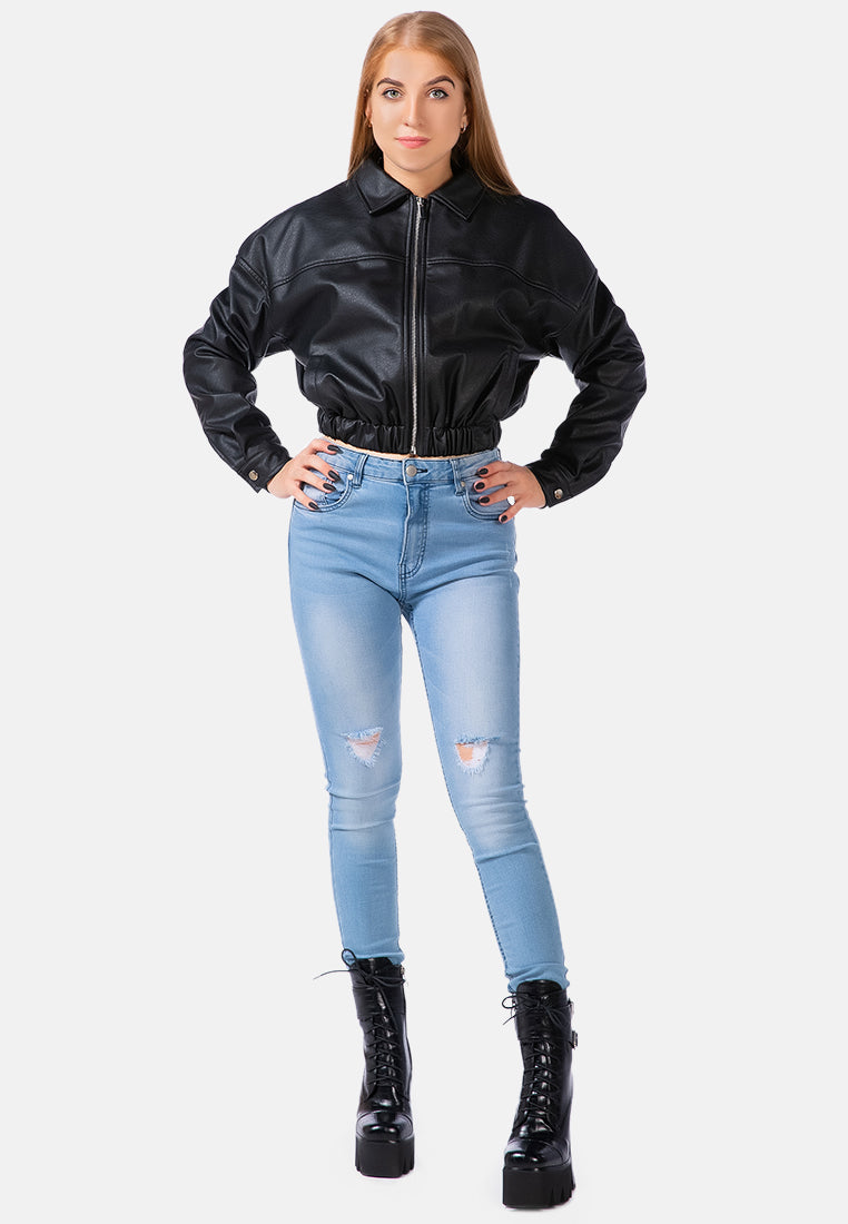 faux leather elasticated hem cropped jacket#color_black